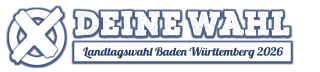 Das DEINE WAHL-Logo in weißer Schrift auf dunkelblauem Hintergrund